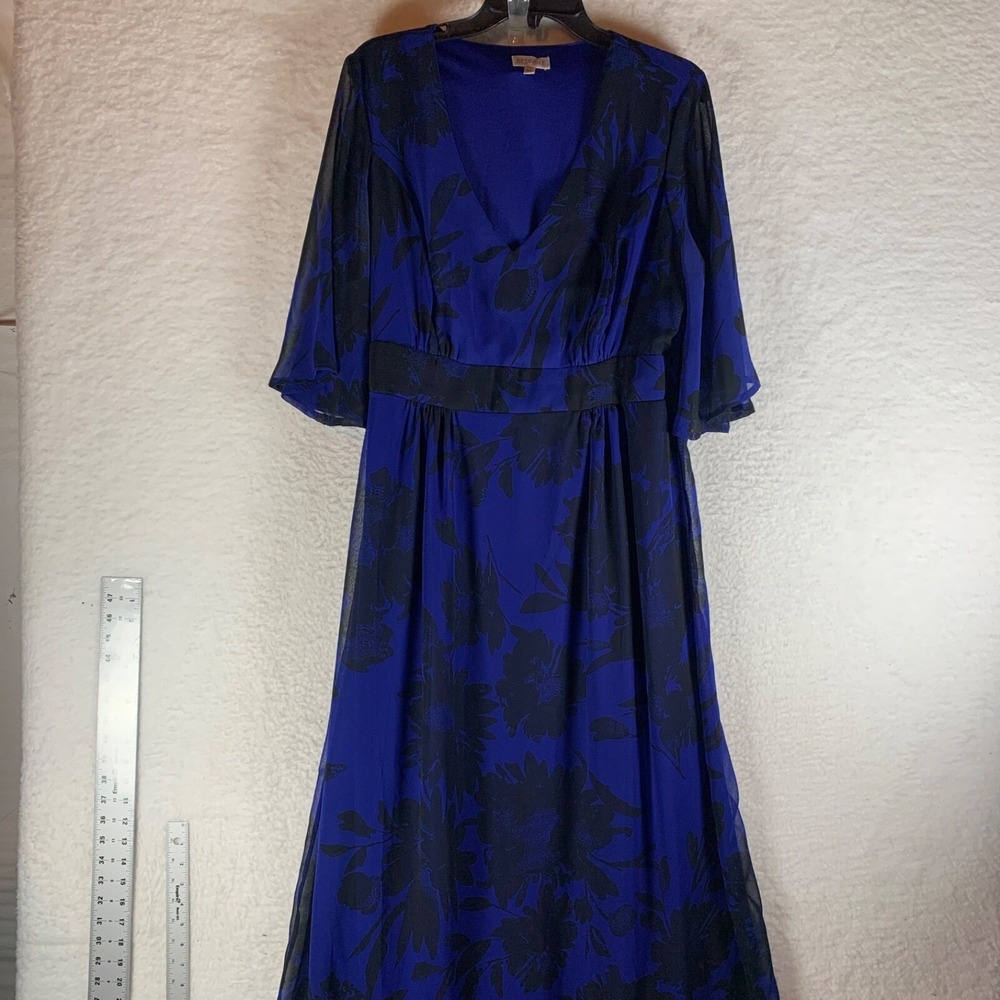 Bespoke Fit Women's 3/4 Sleeve V-Neck Blue Black Floral Maxi Dress Size 14 10013
